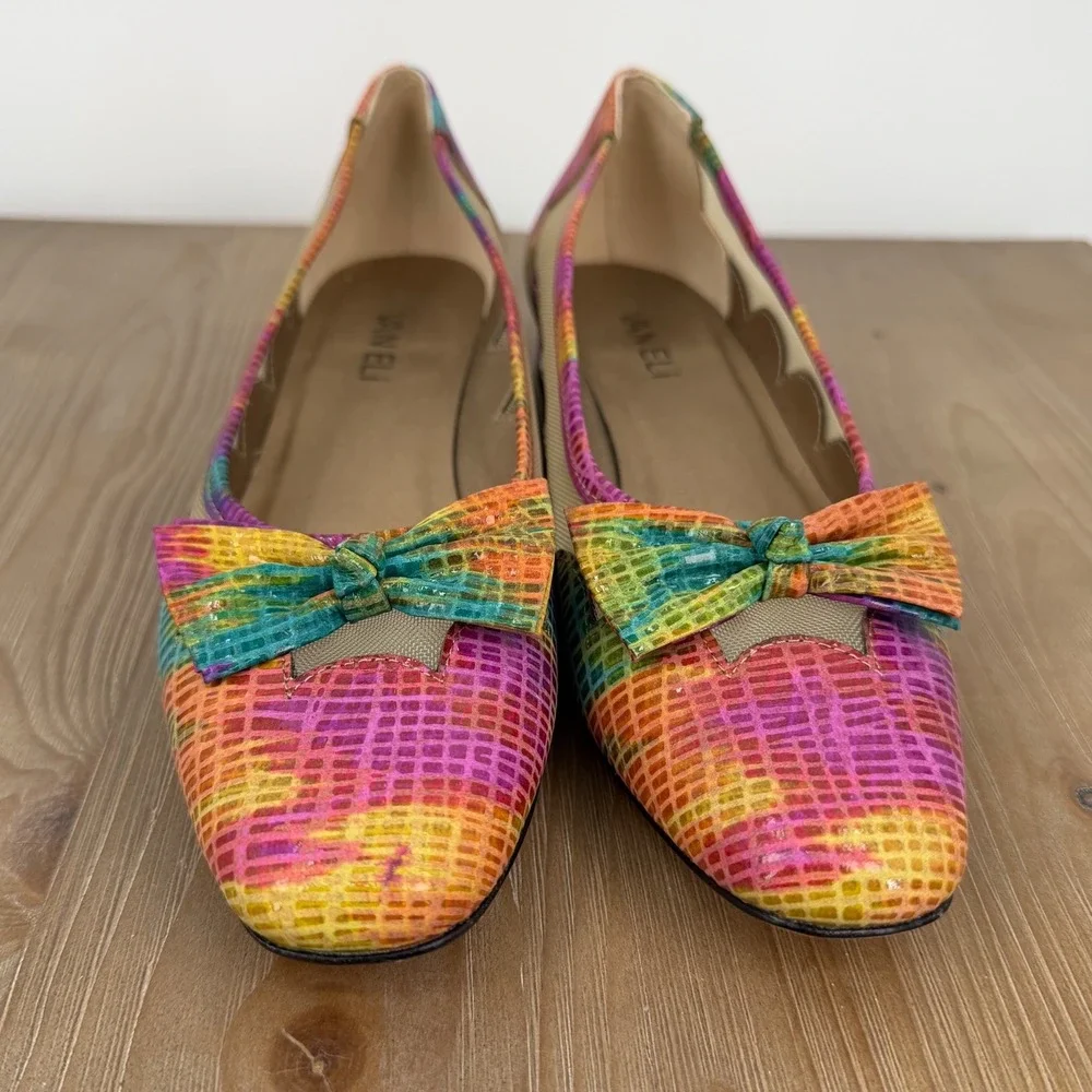 Vaneli Womens 9N Rainbow Snakeskin Print Leather Mesh Bow Flats Pumps Dopamine